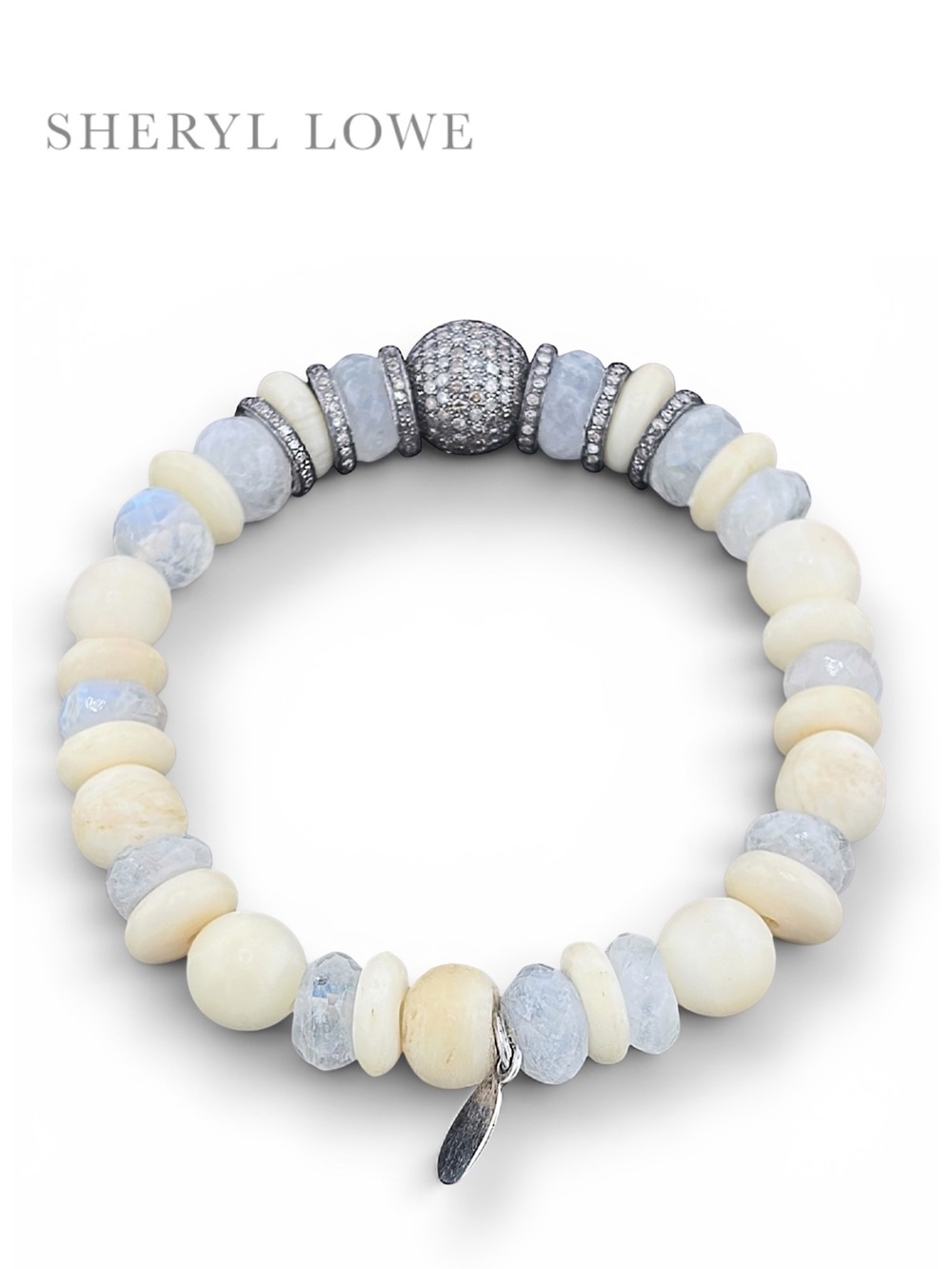 SHERYL LOWE new Moonstone Bone Beaded Bracelet w/ Diamond Pave Ball 6 Rondelles